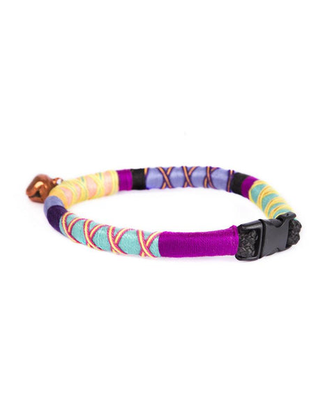 colourful handmade rope cat collar with orange coloured ring