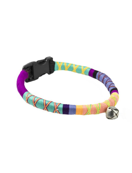 colourful handmade rope dog collar with silver coloured ring