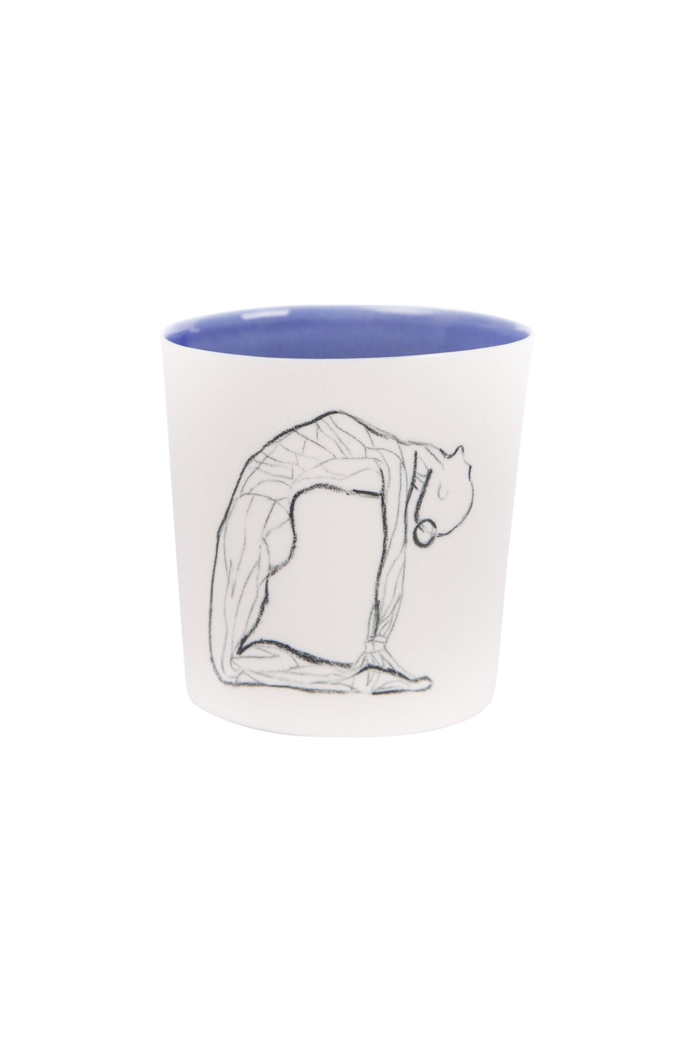 white coloured outside, dark blue coloured inside Camel yoga pose drawn mug