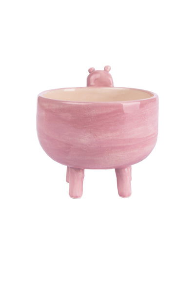 pink coloured happy faced hippopotamus figured pot back