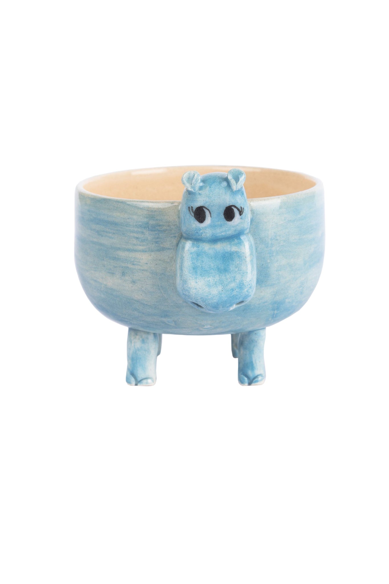 blue coloured happy faced hippopotamus figured pot