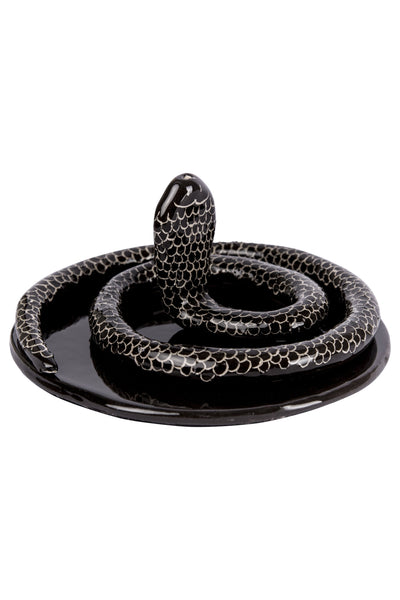 snake shaped incense burner with plate under it in black colour with plate