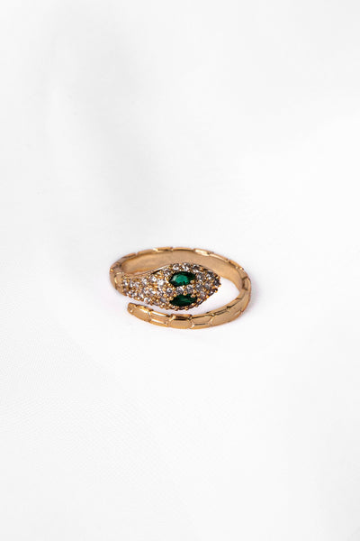 serpent shaped ring, serpents eyes filled with green stones