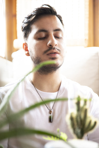 man wearing a terrarium necklace. there is a glass vial with a cork, and there is plant in the glass with silver chain