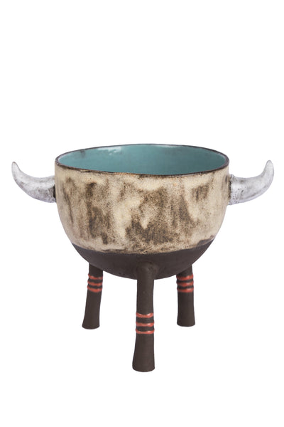  figure with two big eyes, two horns and three feet pot bowl